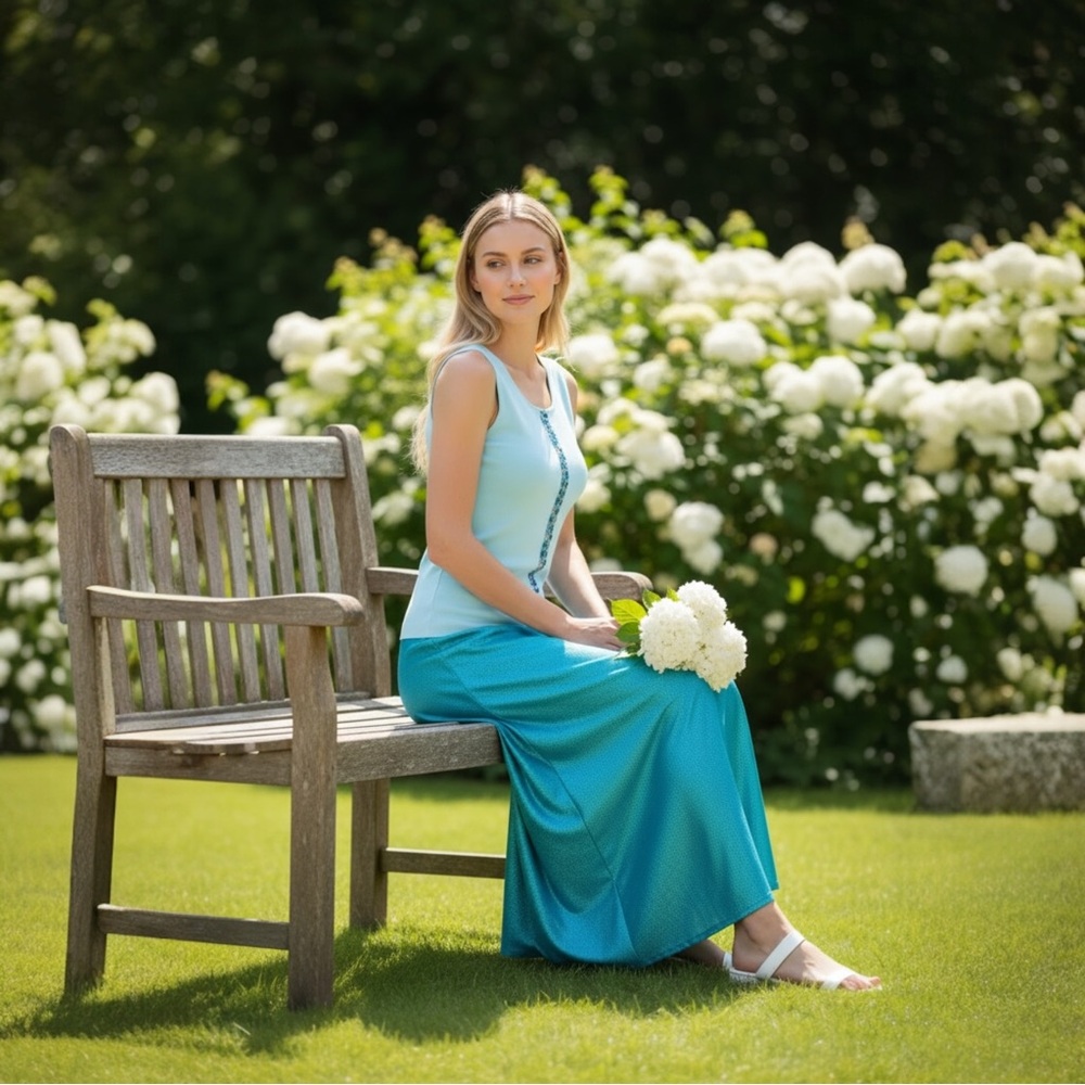 Light blue sleeveless knit top with aqua blue and clear crystals - Picture 15 of 15